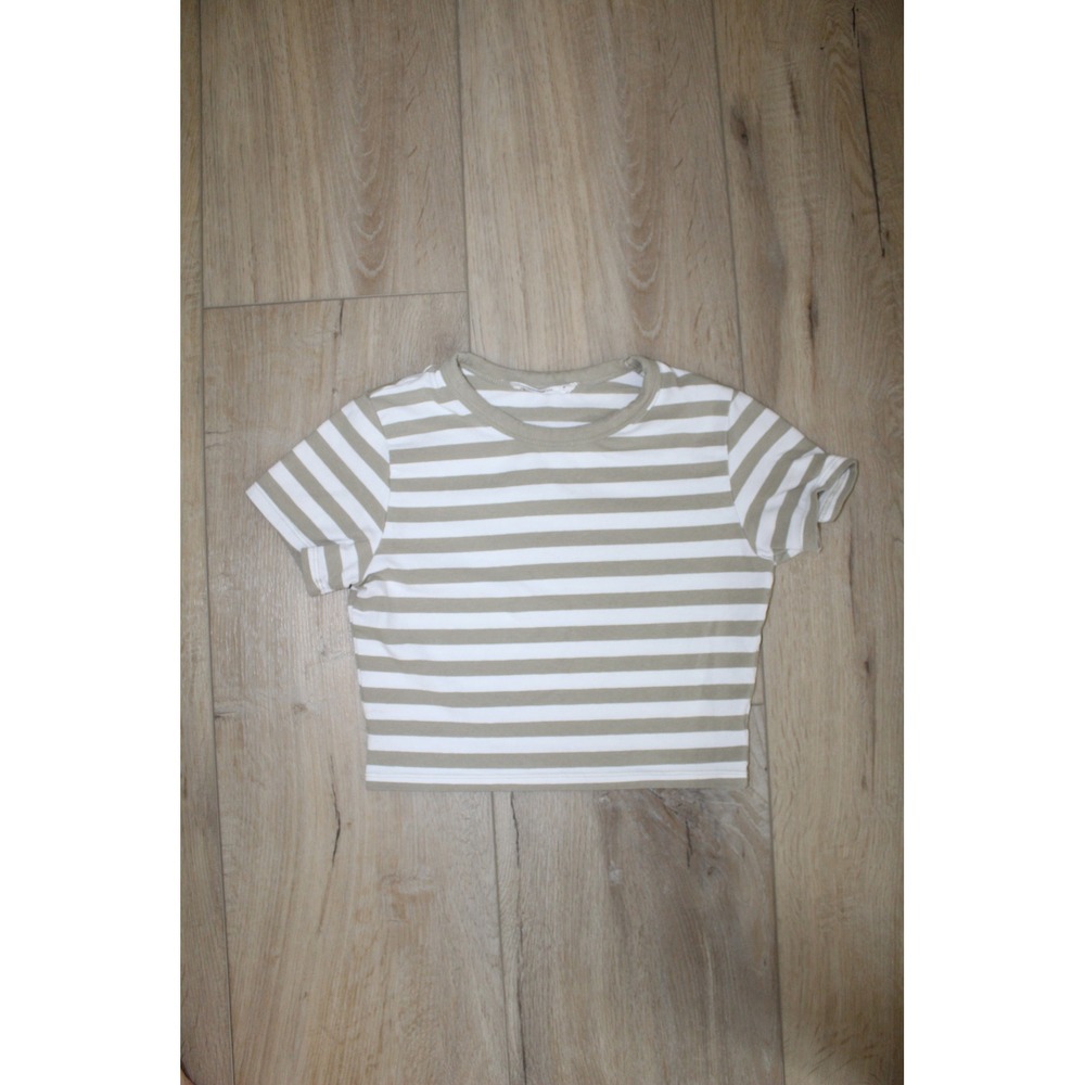 Cotton On Women Khaki Beige White Striped Micro Crop Tee Short Sleeve XS